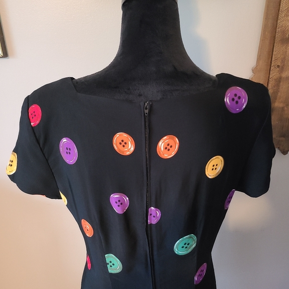 VTG Jessica Howard USA Colorful Rainbow Button Print AOP Black Dress Womens 14 - Picture 5 of 11